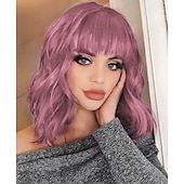 baratos Perucas de festa-Peruca Curta Onda Rosa com Franja Peruca Curta Bob Cacheada Rosa com Franja Peruca Onda Pastel para Mulheres Peruca Sintética Colorida Cosplay Perucas Halloween