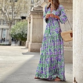 billige Boho-kjoler-Dame Maxikjole Uformell kjole Boho elegante kjoler Langermet Boho-kjole Boho-kjole Elegant Bohem Stilfull Vinter kjole Feriereise Daglig Normal Blomstret Langermet V-hals Rosa Grønn Høst Vinter
