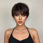 tanie Peruki syntetyczne modne-Haircube krótkie proste peruki ombre brązowe włosy syntetyczne peruki z grzywką dla czarnych kobiet codziennie cosplay żaroodporne naturalne włosy peruki boże narodzenie party peruki