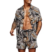 お買い得  メンズプリントシャツセット-男性用 グラフィック シュロの葉 熱帯植物 2個 シャツセット アロハシャツ 半袖 ショートパンツ 折襟 デザイナー ビーチスタイル バケーション カジュアル 日常 3D 夏 シルバー レッド-ホワイト グリーン-ブラック