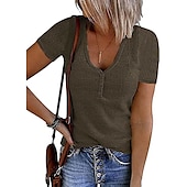 cheap Plain tee-Women&#039;s Henley Shirt T shirt Tee Black White Pink Plain Button Short Sleeve Casual Daily Sexy Round Neck Regular S