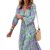 billige Boho-kjoler-Dame Maxikjole Uformell kjole Boho elegante kjoler Langermet Boho-kjole Boho-kjole Elegant Bohem Stilfull Vinter kjole Feriereise Daglig Normal Blomstret Langermet V-hals Rosa Grønn Høst Vinter