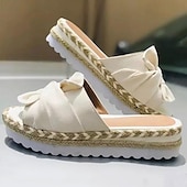 baratos Sandálias de Férias-sandálias plataforma femininas alpargatas brancas com laço – sandálias casuais de verão com salto plataforma e sola de juta trançada