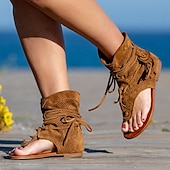 billiga Semester Sandaler-gladiatorsandaler i gul mocka med snörning för kvinnor med perforerad design, perfekt för sommarutflykter och strandsemester