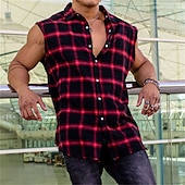 男性用 シャツ サマーシャツ チェックシャツ ボタンアップシャツ イエロー ルビーレッド ブルー ノースリーブ 格子柄 折襟 アウトドア ストリート ボタンダウン 衣類 ファッション カジュアル 高通気性 快適 お買い得  メンズボタンアップシャツ-男性用 シャツ サマーシャツ チェックシャツ ボタンアップシャツ イエロー ルビーレッド ブルー ノースリーブ 格子柄 折襟 アウトドア ストリート ボタンダウン 衣類 ファッション カジュアル 高通気性 快適