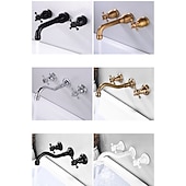 economico Da muro-rubinetto miscelatore lavabo a parete, rubinetti per lavabo diffusi ottone vintage 2 maniglie 3 fori lavabo lavabo rubinetto con tubo acqua calda fredda retrò antico