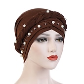 abordables Chapeaux-femmes de mode perles musulman écharpe hijabs chapeau femmes inde chapeau solide turban chapeau wrap cap tête écharpe foulard chapeau femelle cheveux accessoires