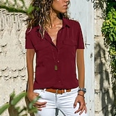 ieftine Topuri simple pentru femei-bluză de damă buzunar uni guler cămașă zilnică mânecă de tricou albastru deschis de vară negru violet roșu închis roz