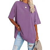 preiswerte Einfarbiges T-Shirt-Damenbekleidung grundlegende übergroße Rundhals-T-Shirts schlicht neue Farbe lockere Schulterhülsen Rundhals-Kurzarmoberteil