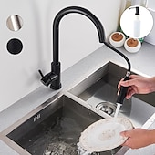 abordables Mitigeurs avec spray-Robinet mitigeur d&#039;évier de cuisine avec pulvérisateur extractible, robinet de récipient rotatif en acier inoxydable, robinet de pulvérisation en mode pluie/cascade, robinet de robinet de cuisine noir et argent avec distributeur de savon