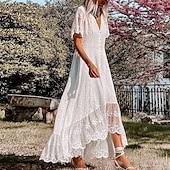 ieftine Rochii Albe din Dantela-Pentru femei Rochii Midi Rochie de petrecere Rochie leagăn Elegant Matur În aer liber Concediu Ieșire Fit regulat Culoare pură Manșon scurt În V Alb Vară Primăvară
