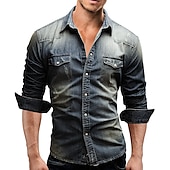 abordables chemises en jean pour hommes-Homme Chemise en Jean Gris Clair Gris foncé Bleu clair manche longue Couleur Unie Col Rabattu Vacances Occasionnel Boutonné Vêtement Tenue Polyester Mode Occasionnel Respirant Confortable