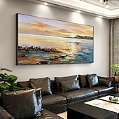 abordables Peintures paysages-main peinture à l'huile toile mur art décoration abstrait paysage marin peinture coloré bord de mer coucher de soleil pour la décoration intérieure roulé sans cadre non étiré peinture