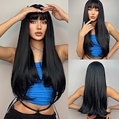 economico Parrucche trendy sintetiche-parrucche sintetiche dritte marrone scuro con capelli a strati naturali per le donne cosplay quotidiane fibre resistenti al calore parrucche per feste di natale da 20 pollici