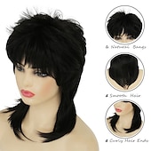 economico Parrucche storiche-Parrucca Nera Corto Parrucca Sgarrupata a Strati Parrucca Mullet Anni &#039;80 per Donne Parrucca Riccia Nera Resistente al Calore Parrucca per Cosplay Parrucche di Halloween