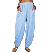 cheap Plain Cotton Linen Pant-Women&#039;s Cotton Linen Pants Baggy Pants Harem Pants Comfort Solid Color Pocket Elastic Waist Causal Black White Army Green Dark Navy Summer Spring Fall