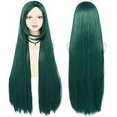 economico Parrucche Anime-Parrucca Lunga Verde Scuro di 100 cm con Frangia Parrucca Liscia Cosplay per Donne Ragazze Uomini Ragazzi Parrucca di Capelli Sintetici Costume per Anime Parrucche di Halloween Parrucche per il