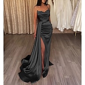 cheap ORANGE-Mermaid Sequin Evening Gown Sexy Dress Wedding Guest Cocktail Party Court Train Sleeveless Strapless Bridesmaid Dress Satin with Beading Pure Color Masquerade Dress
