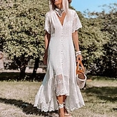 ieftine Rochii Albe din Dantela-Pentru femei Rochii Midi Rochie de petrecere Rochie leagăn Elegant Matur În aer liber Concediu Ieșire Fit regulat Culoare pură Manșon scurt În V Alb Vară Primăvară