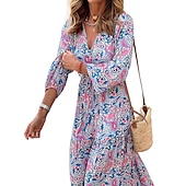 billige Boho-kjoler-Dame Maxikjole Uformell kjole Boho elegante kjoler Langermet Boho-kjole Boho-kjole Elegant Bohem Stilfull Vinter kjole Feriereise Daglig Normal Blomstret Langermet V-hals Rosa Grønn Høst Vinter