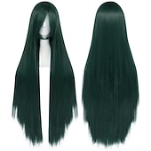 economico Parrucche Anime-Parrucca Lunga Verde Scuro di 100 cm con Frangia Parrucca Liscia Cosplay per Donne Ragazze Uomini Ragazzi Parrucca di Capelli Sintetici Costume per Anime Parrucche di Halloween Parrucche per il