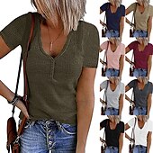 cheap Plain tee-Women&#039;s Henley Shirt T shirt Tee Black White Pink Plain Button Short Sleeve Casual Daily Sexy Round Neck Regular S