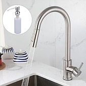 abordables Mitigeurs avec spray-Robinet mitigeur d&#039;évier de cuisine avec pulvérisateur extractible, robinet de récipient rotatif en acier inoxydable, robinet de pulvérisation en mode pluie/cascade, robinet de robinet de cuisine noir et argent avec distributeur de savon
