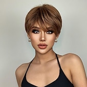 tanie Peruki syntetyczne modne-Haircube krótkie proste peruki ombre brązowe włosy syntetyczne peruki z grzywką dla czarnych kobiet codziennie cosplay żaroodporne naturalne włosy peruki boże narodzenie party peruki