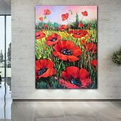 billiga Blom- och växtmålningar-handgjord oljemålning canvasvägg konst dekoration abstrakt kniv målning blommor röd för heminredning rullad ramlös osträckt målning