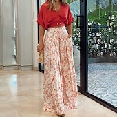 cheap Two Piece Sets-Women&#039;s Streetwear Basic Shirt Crop Top Pants Sets Short Sleeve V Neck Floral Print Casual Daily Black Red Blue Fall &amp; Winter Regular Fit