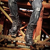 abordables Botas de ciclista-Botas de moto de cuero negro resistente para hombre: diseño resistente con múltiples hebillas y suela reforzada para uso en motociclistas y al aire libre