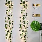 economico Striscie luci a batteria-piante artificiali led luci a corda 2m rampicanti foglie verdi casa natale matrimonio esterno edera vite luci fatate decorazione lampada fai da te giardino pensile patio cortile (senza batteria)