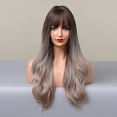 abordables Perruques Synthétiques Sans Bonnet-ombre auburn brun blonde longues perruques ondulées avec une frange cheveux naturels quotidiens pour les femmes perruques de fête de noël