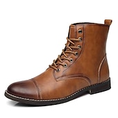 abordables Bottes de combat-bottines à lacets marron pour hommes – similicuir avec doublure en peluche chaude et semelle antidérapante durable, idéales pour les tenues décontractées d&#039;hiver