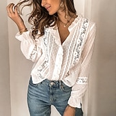 preiswerte Spitzenoberteile-Damen Hemd Spitzenhemd Bluse Ösen Top Elegant Vintage Mode Spitze Patchwork Knöpfe Langarm Normale Oberteile Alltag Wochenende Weiß Frühling Herbst