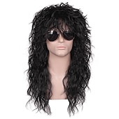cheap Historical Wigs-Funny mens Carnival costume Wig Mens 70s 80s Long Curly Black Rocker Costume Wig Halloween Wigs