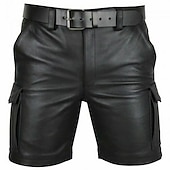 baratos Calções Estilo Casual-Homens Shorts casuais Shorts de couro falso Bolsos Côr Sólida Curto Festa Diário Bandagem Moda Clássico Preto