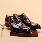 preiswerte Formell-Burgunderrote Monkstrap-Schuhe aus Kunstleder mit Krokodilmuster für Herren – elegantes, formelles Schuhwerk mit Schnallendesign für Hochzeiten, das Business und besondere Anlässe