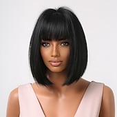 voordelige Topkwaliteit pruiken-haircube haar korte bob zwarte pruiken met pony voor vrouwen natuurlijke rechte 12 inch pruiken dagelijks