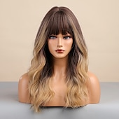abordables Perruques Synthétiques Sans Bonnet-ombre auburn brun blonde longues perruques ondulées avec une frange cheveux naturels quotidiens pour les femmes perruques de fête de noël