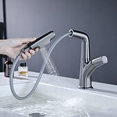 お買い得  浴室・洗面台用水栓金具-引き出し式スプレー付きバスルームシンク蛇口、真ちゅう製リフト可能3モード電気メッキ/塗装仕上げセンターセットシングルハンドル1穴洗面所回転注ぎ口冷温水バスタップ用