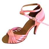 billige Sko til latindans-latinske dansesko i lilla sateng – ballsalhæler med stropper med åpen tå og ankelstropp for salsa, tango og ytelse