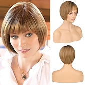 economico parrucca più vecchia-parrucca bionda bob con frangia ad aria per donne bianche 10 parrucche corte biondo cenere ombre con radici scure parrucche sintetiche parte laterale parrucchino dall&#039;aspetto naturale
