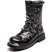 abordables Botas de ciclista-Botas de moto de cuero negro resistente para hombre: diseño resistente con múltiples hebillas y suela reforzada para uso en motociclistas y al aire libre