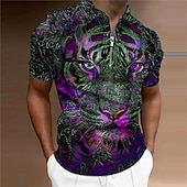 baratos Polo Masculino Estampa Animal-Homens Tigre Camisas Polo com zíper Camisa de golfe Manga Curta Camisas polo Camisas de colarinho Casual Engraçado Streetwear Roupas de férias Trajes de festa Impressão 3D Polo com fecho de correr de