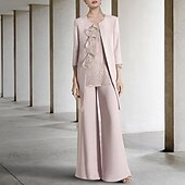 voordelige Broekpakken van mama-Jumpsuit  Broekpak 3-delige Moeder van de Bruid Formele Bruiloft Gast Elegante Wrap Inclusief Scoop Hals Vloerlengte Chiffon Kant Mouwloos met Ruffles gratis op maat