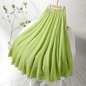 cheap Dresses-Women&#039;s Asian Size Swing Long Skirt Linen Skirts Elegant Basic Casual Maxi Skirts Solid Colored Pleated Tulle Long Office / Career WorkWear Black White Yellow Light Green Spring &amp; Summer Linen Cotton