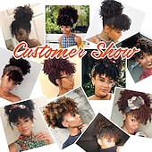 cheap Bangs-Afro High Puff Hair Bun Drawstring Ponytail With Bangs Short Kinky Curly Pineapple Pony Tail Clip in on Wrap Updo Ponytail Extensions