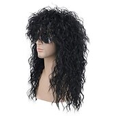 abordables Pelucas históricas-Peluca de rockero metal de los años 70 80 peluca larga rizada negra de hombre para fiesta disfraz anime pelucas de Halloween