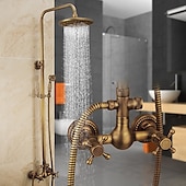 cheap Shower Faucets-Vintage Shower System Faucet Combo Set Ceramic Mixer Valve, 8 inch Brass Rainfall Shower Head Showerhead with Handheld Spray, Antique Wall Mounted Tub and Shower Kit Bathroom Bath